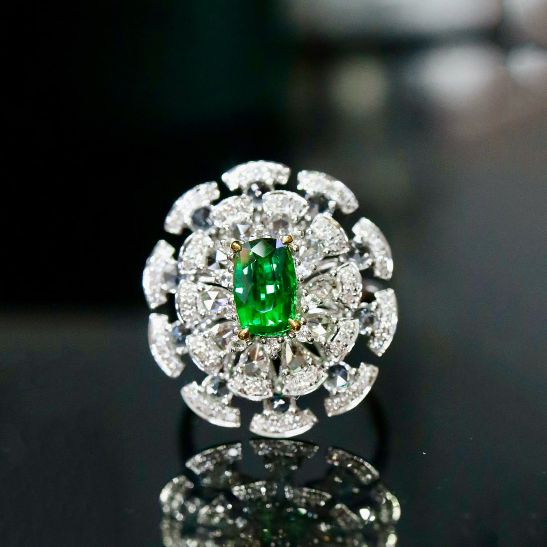 14k Gold 2.12 Ctw Natural Tsavorite & Diamond Ring: Ref:231029001 // gold content:14k gold // ring size:7. 25us // // main gemstone:tsavorite // shape:cushion // carat weight:1. 33ct // color:green // treatment:natural // // adjacent gemstone 2 :