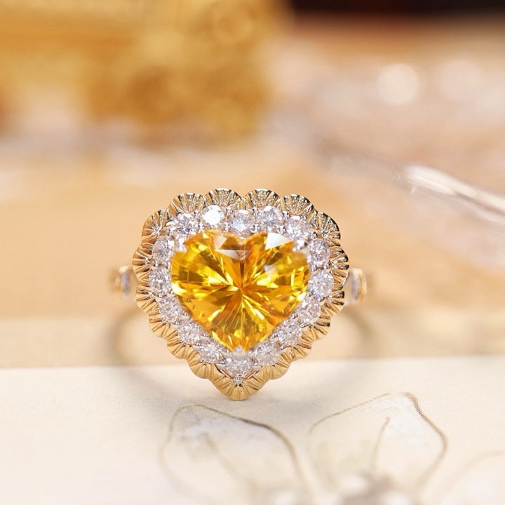 14k Gold 2.33 Ctw Natural Sapphire & Diamond Ring: Ref:231029005 // gold content:14k gold // ring size:7. 25us // // main gemstone:sapphire // shape:heart // carat weight:2. 01ct // color:yellow // treatment:natural // // adjacent gemstone 2 :