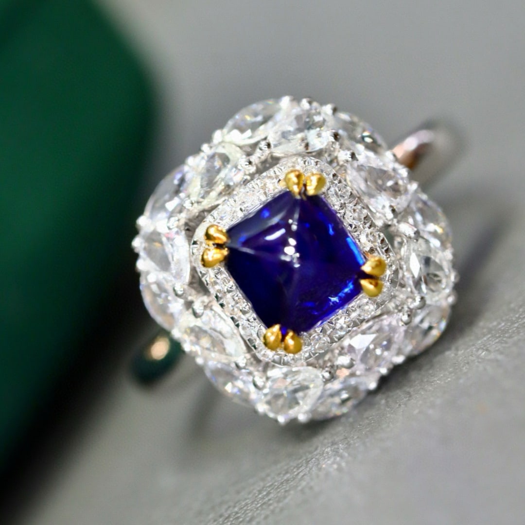 14k Gold 1.24 Ctw Natural Sapphire & Diamond Ring: Ref:231029016 // gold content:14k gold // ring size:7. 25us // // main gemstone:sapphire // shape:suger-loaf // carat weight:1. 16ct // color:blue // treatment:natural // // adjacent gemstone 2 :