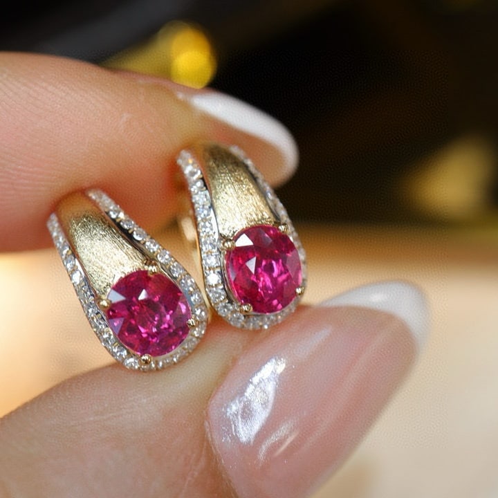14k Gold 1.53 Ctw Natural Ruby & Diamond Earrings - 2