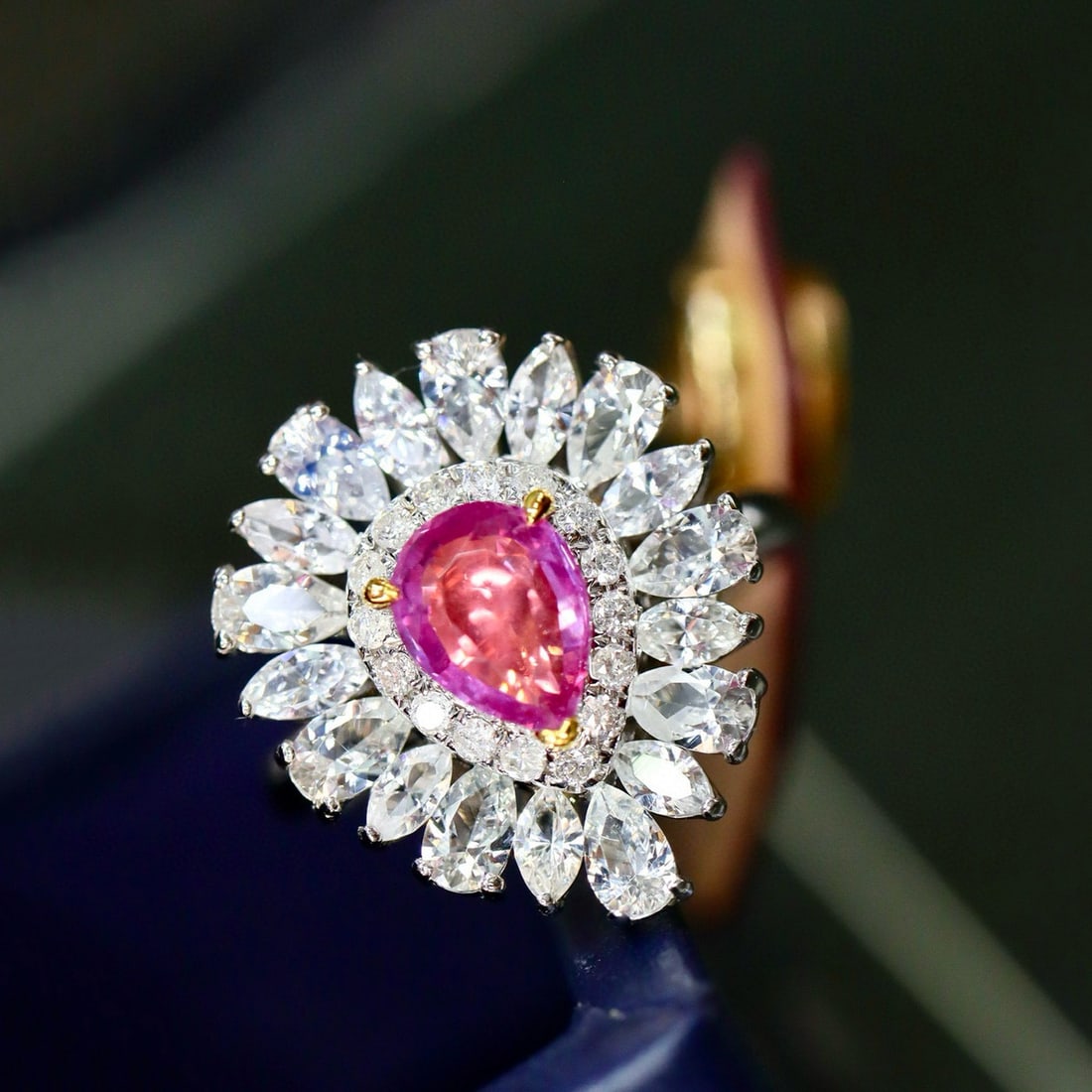 14k Gold 1.20 Ctw Natural Padparadscha Sapphire & Diamond Ring: Ref:231029024 // gold content:14k gold // ring size:7. 25us // // main gemstone:padparadscha sapphire // shape:pear // carat weight:1. 04ct // color:orangish pink // treatment:natural // // adjacent