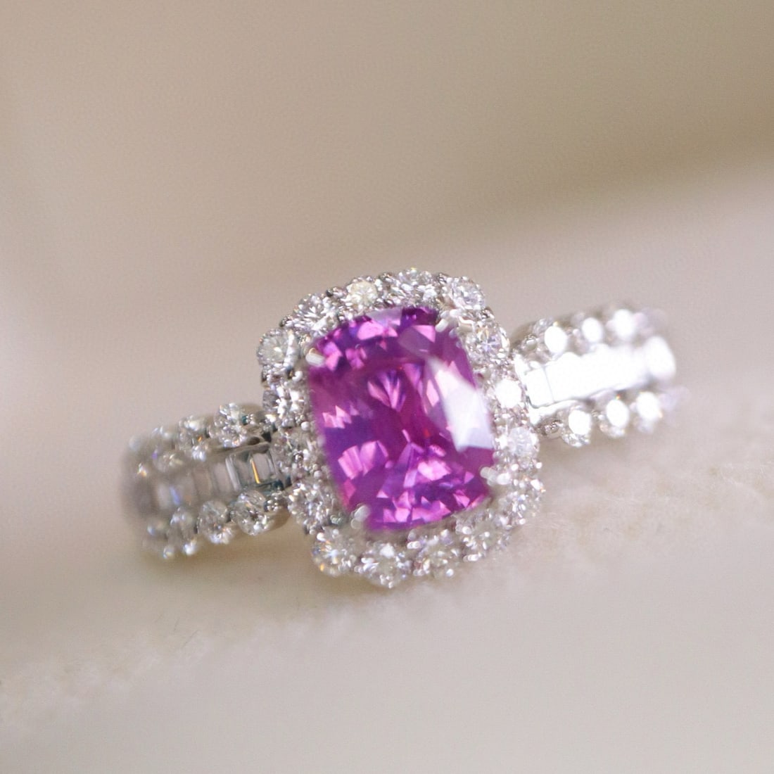 14k Gold 1.60 Ctw Natural Sapphire & Diamond Ring: Ref:231029043 // gold content:14k gold // ring size:7. 25us // // main gemstone:sapphire // shape:cushion // carat weight:1. 13ct // color:purple // treatment:natural // // adjacent gemstone 2 :