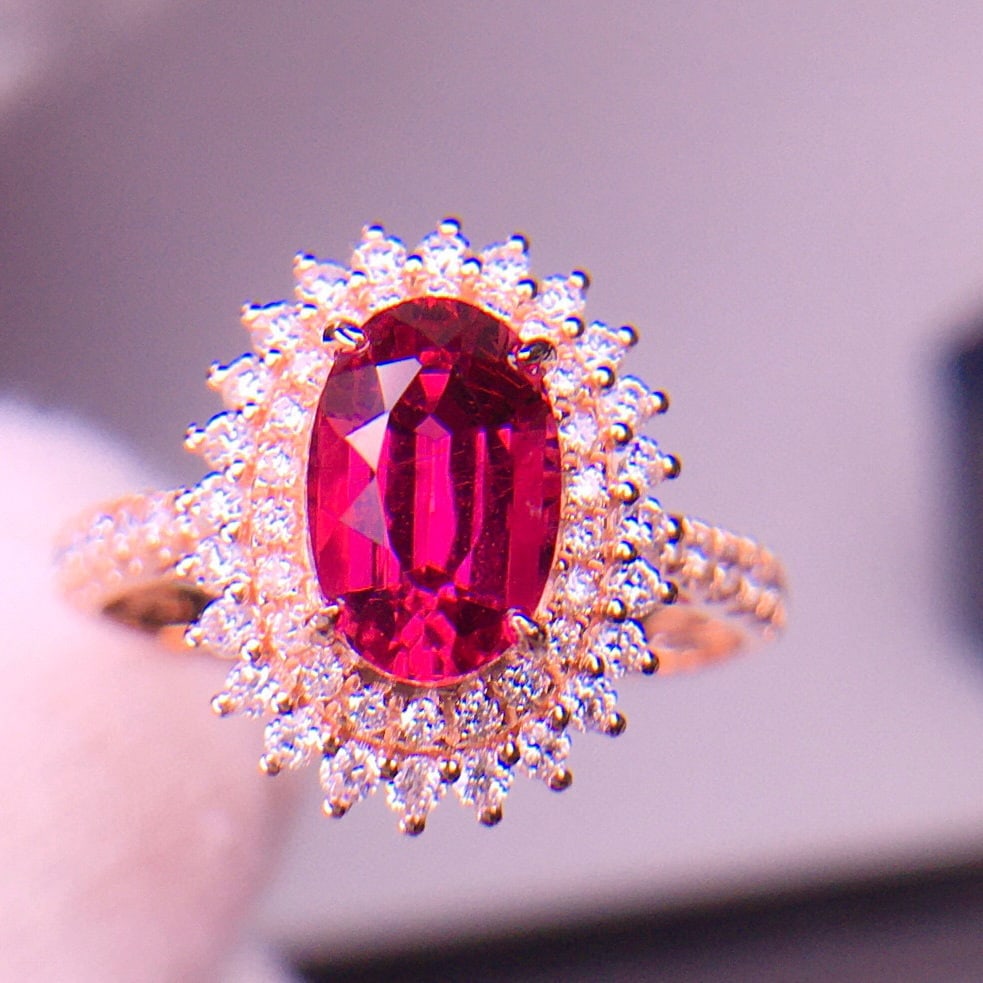 14k Gold 2.36 Ct Natural Tourmaline & Diamond Ring: Ref:231029071 // gold content:14k gold // ring size:7. 25us // // main gemstone:tourmaline // shape:oval // carat weight:2. 36ct // color:red // treatment:natural // // adjacent gemstone 2 : diamond