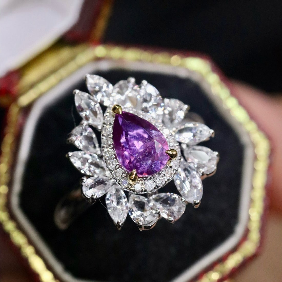 14k Gold 1.17 Ctw Natural Sapphire & Diamond Ring: Ref:231029087 // gold content:14k gold // ring size:7. 25us // // main gemstone:sapphire // shape:pear // carat weight:1. 09ct // color:purple // treatment:natural // // adjacent gemstone 2 : diamond