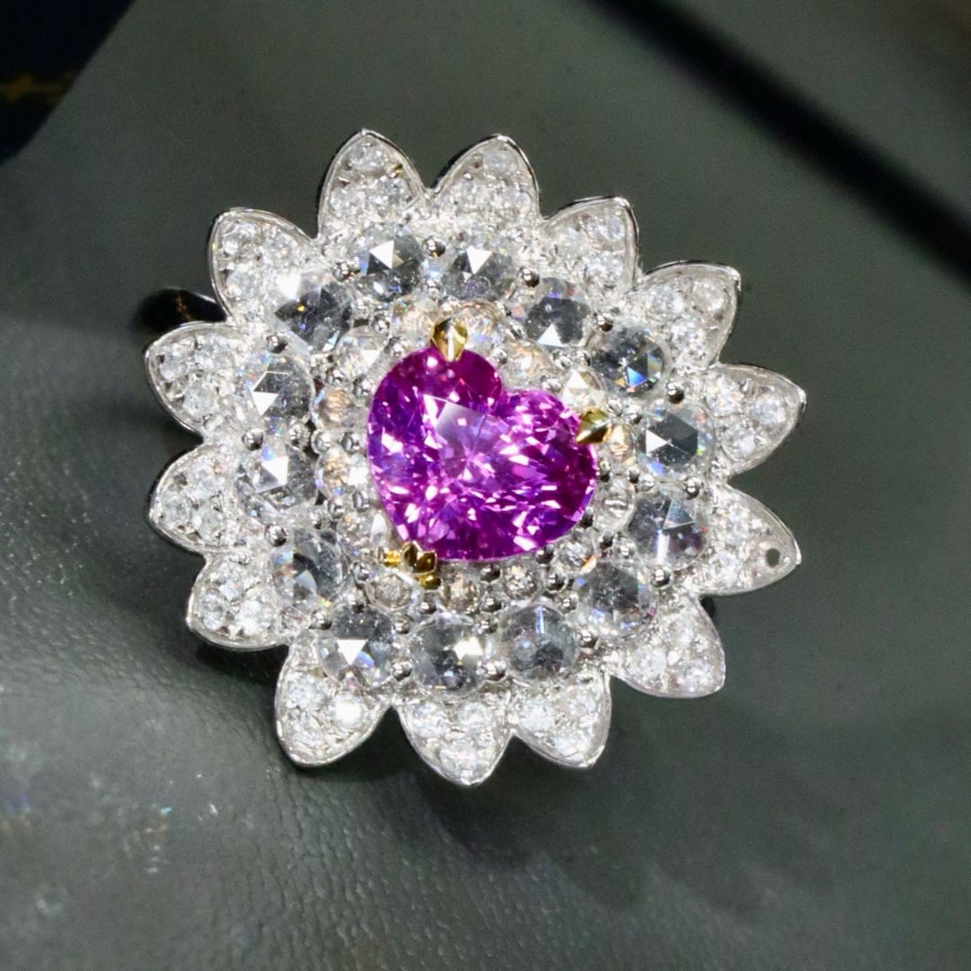 14k Gold 1.79 Ctw Natural Sapphire & Diamond Ring: Ref:231029092 // gold content:14k gold // ring size:7. 25us // // main gemstone:sapphire // shape:heart // carat weight:1. 06ct // color:purple // treatment:natural // // adjacent gemstone 2 :