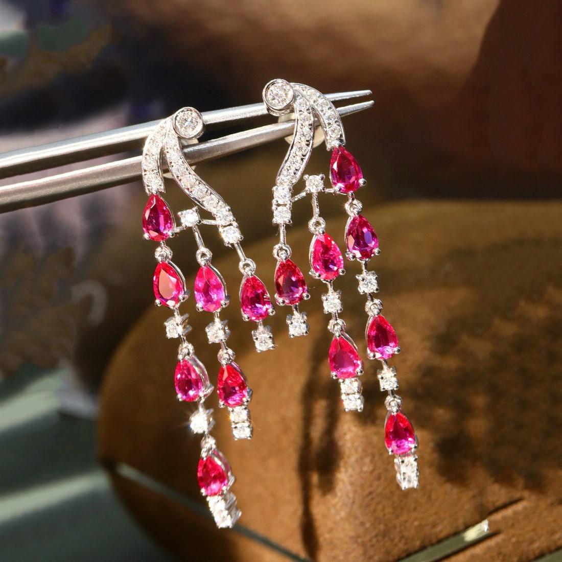 14k Gold 3.23 Ct Natural Ruby & Diamond Earrings - 4