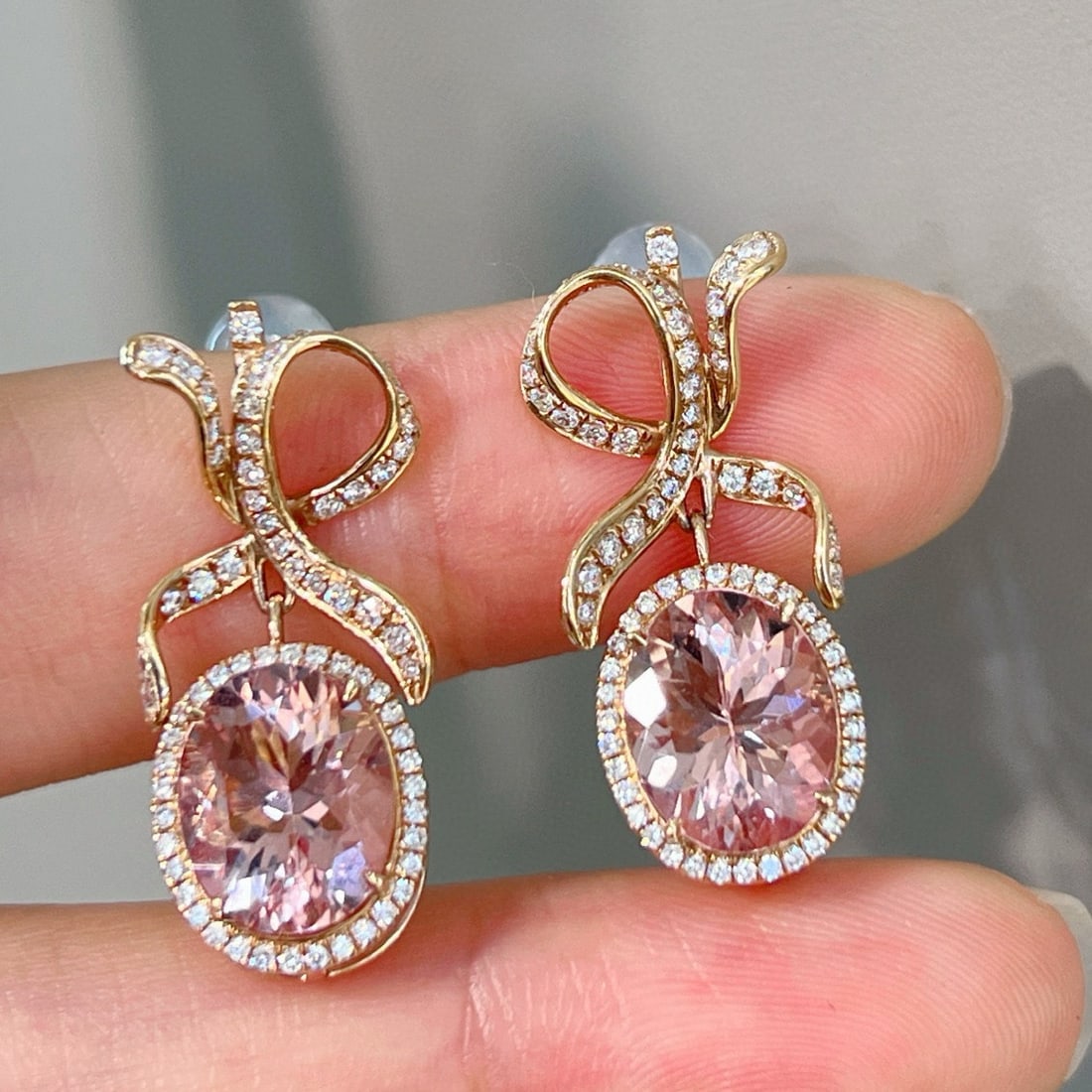 14k Gold 4.23 Ct Natural Morganite & Diamond Earrings - 2