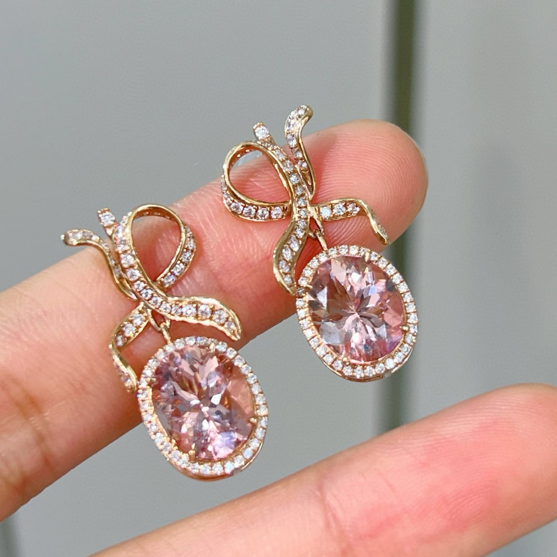 14k Gold 4.23 Ct Natural Morganite & Diamond Earrings - 3