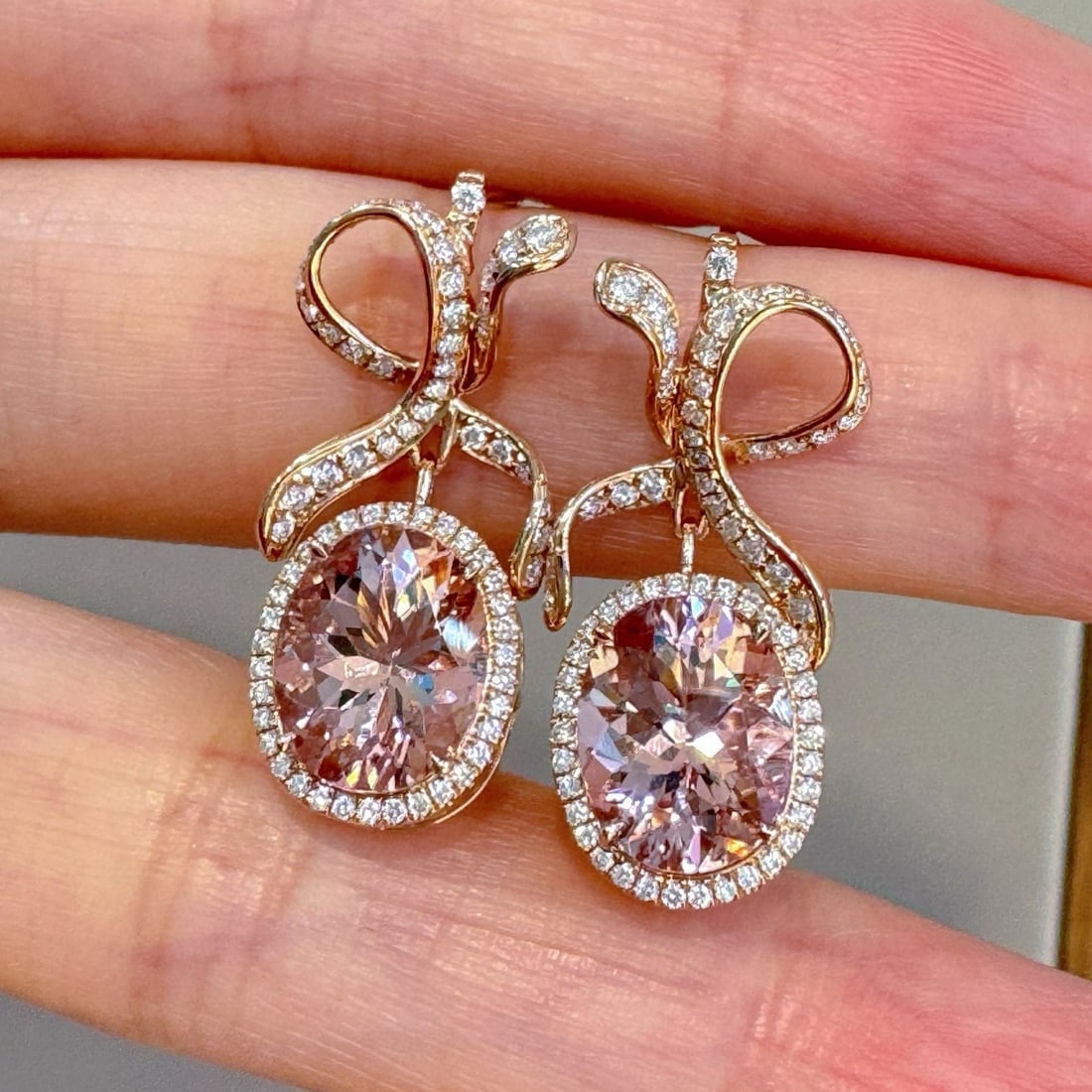 14k Gold 4.23 Ct Natural Morganite & Diamond Earrings - 4