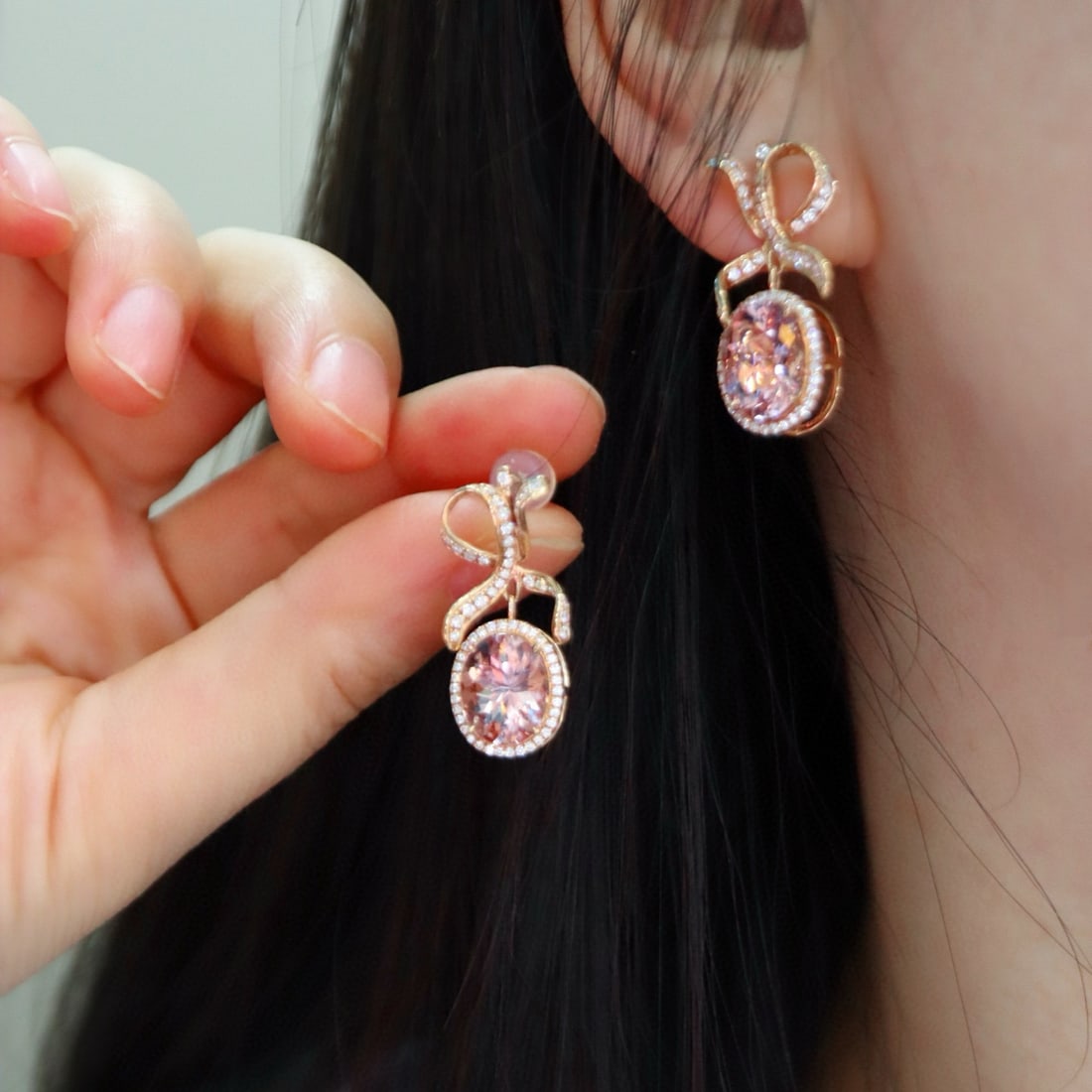 14k Gold 4.23 Ct Natural Morganite & Diamond Earrings - 5