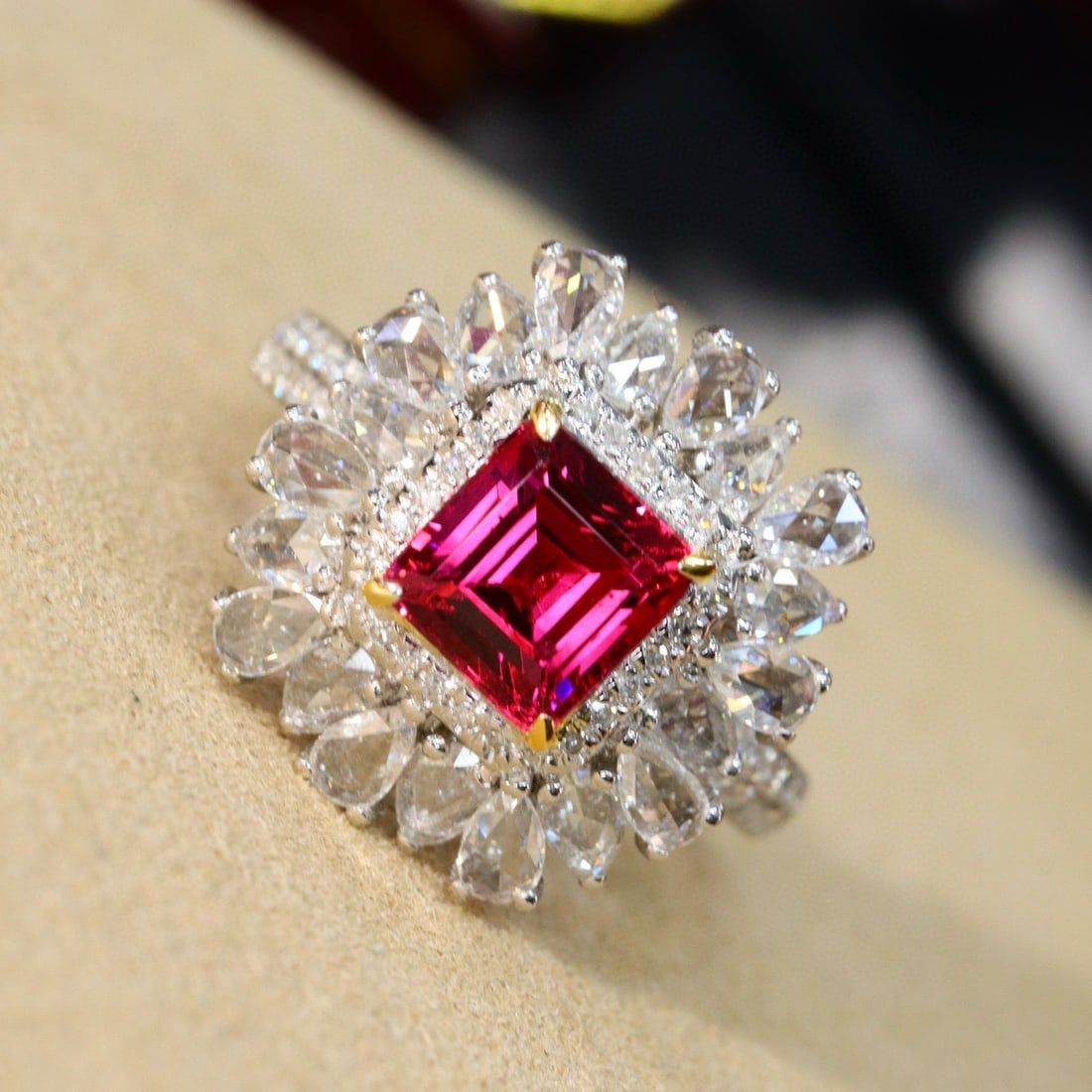 14k Gold 2.11 Ctw Natural Ruby & Diamond Ring: Ref:231029132 // gold content:14k gold // ring size:7. 25us // // main gemstone:ruby // shape:cushion // carat weight:1. 20ct // clarity grade:vs-si // color:red // treatment:natural // cut grade:g //
