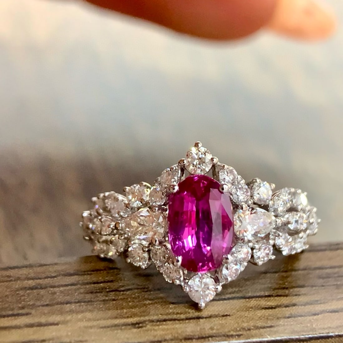 14k Gold 1.76 Ctw Natural Sapphire & Diamond Ring: Ref:231029147 // gold content:14k gold // ring size:7. 25us // // main gemstone:sapphire // shape:oval // carat weight:1. 06ct // color:padparadscha // treatment:natural // cut grade:g // // adjacent
