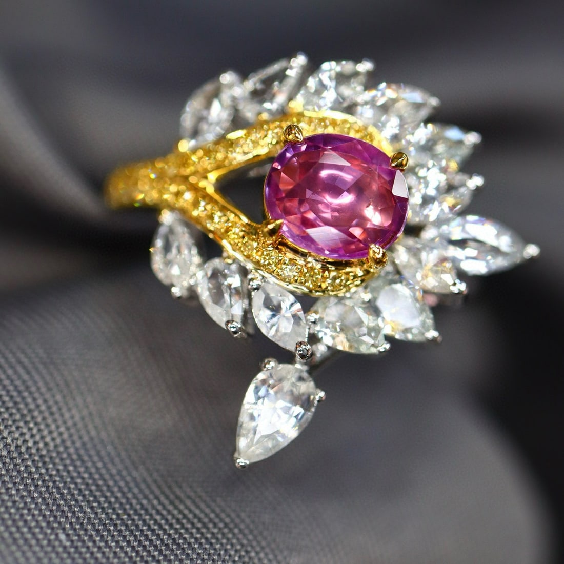 14k Gold 0.87 Ctw Natural Sapphire & Diamond Ring: Ref:231029155 // gold content:14k gold // ring size:7. 25us // // main gemstone:sapphire // shape:cushion // carat weight:0. 76ct // color:padparadscha // treatment:natural // cut grade:g // //