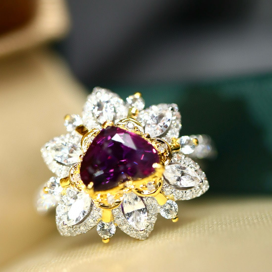 14k Gold 1.87 Ctw Natural Sapphire & Diamond Ring: Ref:231029156 // gold content:14k gold // ring size:7. 25us // // main gemstone:sapphire // shape:heart // carat weight:1. 56ct // color:purple // treatment:natural // cut grade:g // // adjacent