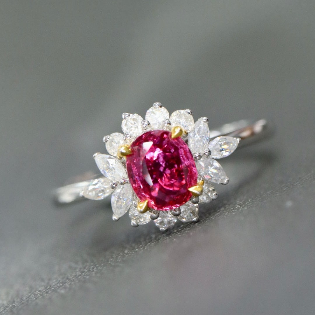 14k Gold 0.72 Ctw Natural Sapphire & Diamond Ring: Ref:231029158 // gold content:14k gold // ring size:7. 25us // // main gemstone:sapphire // shape:oval // carat weight:0. 56ct // color:padparadscha // treatment:natural // cut grade:g // // adjacent