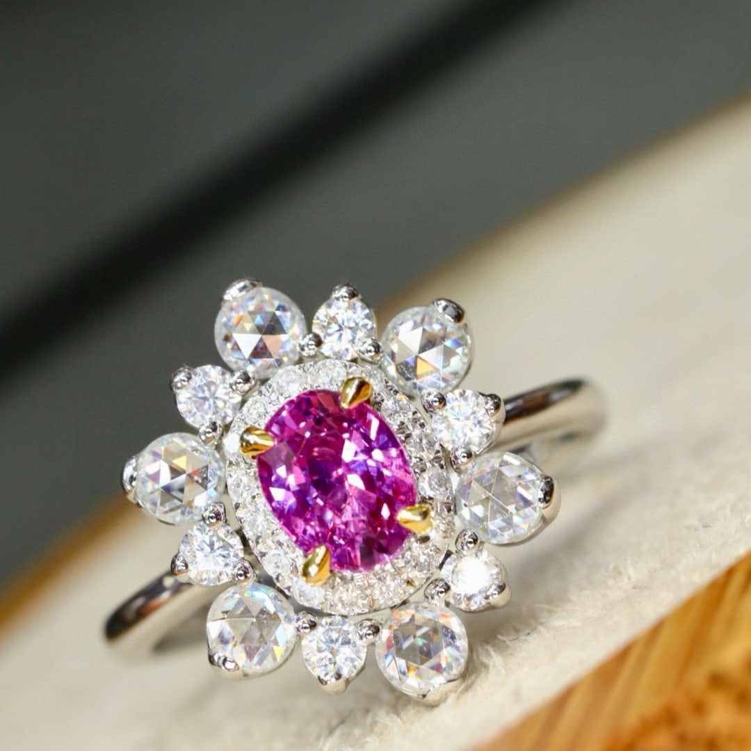 14k Gold 0.83 Ctw Natural Sapphire & Diamond Ring: Ref:231029159 // gold content:14k gold // ring size:7. 25us // // main gemstone:sapphire // shape:oval // carat weight:0. 75ct // color:padparadscha // treatment:natural // cut grade:g // // adjacent