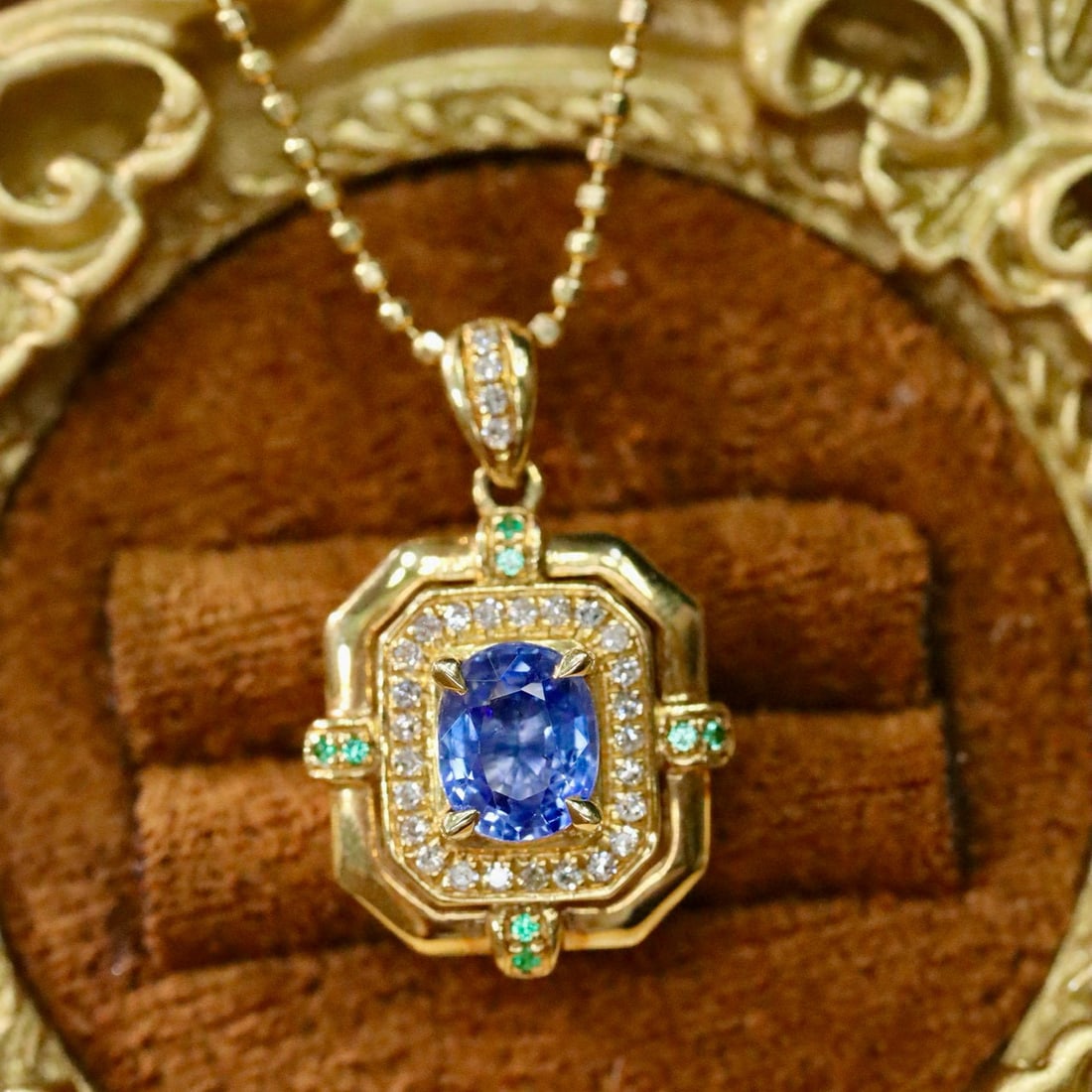 14k Gold 0.59 Ctw Natural Sapphire & Diamond Pendant( Without Chain ): Ref:231029163 // gold content:14k gold // main gemstone:sapphire // shape:oval // carat weight:0. 48ct // color:blue // treatment:natural // cut grade:g // // adjacent gemstone 2 : diamond //