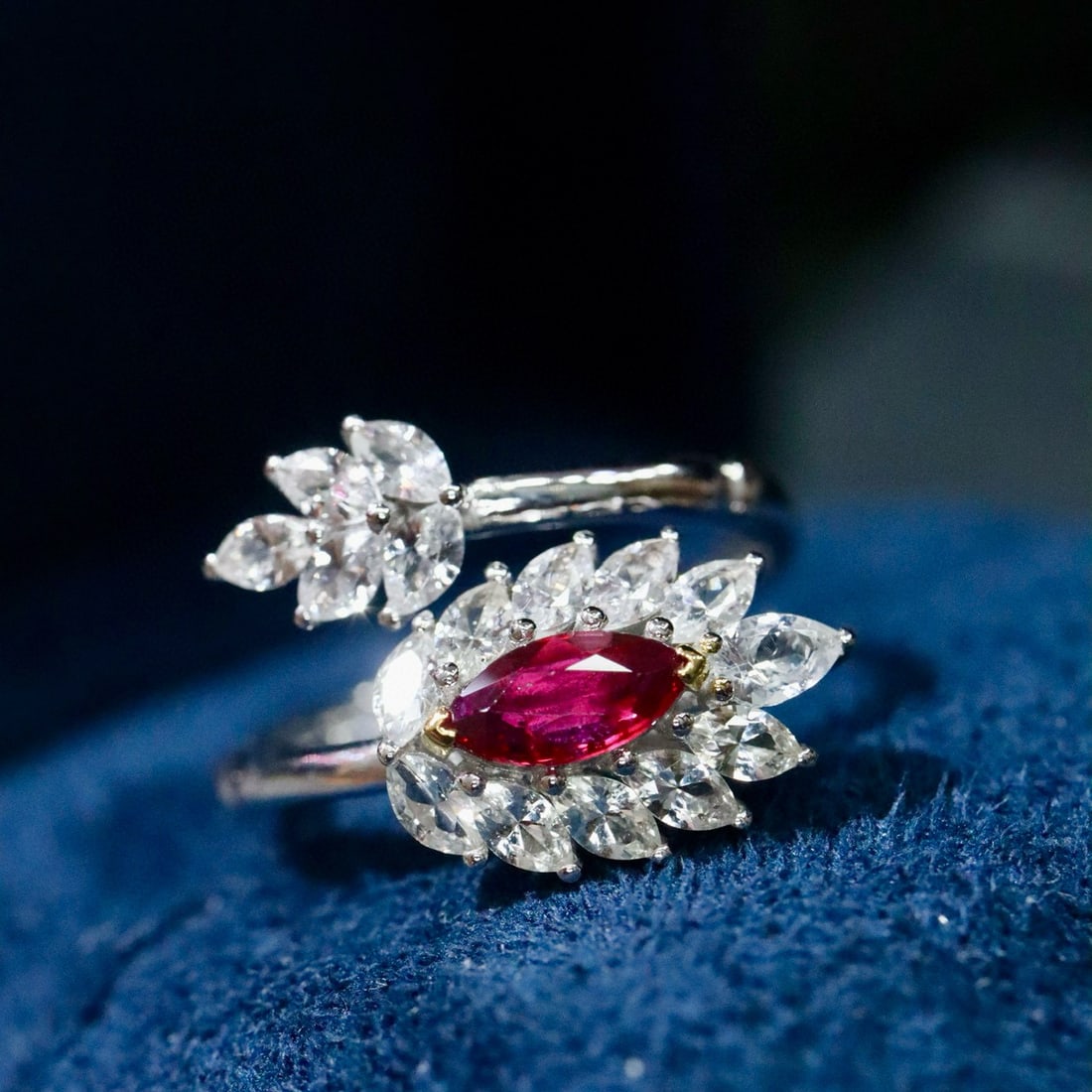 14k Gold 1.69 Ctw Natural Ruby & Sapphire Ring: Ref:231029168 // gold content:14k gold // ring size:7. 25us // // main gemstone:ruby // shape:marquise // carat weight:0. 48ct // color:red // treatment:natural // // adjacent gemstone 2 : sapphire