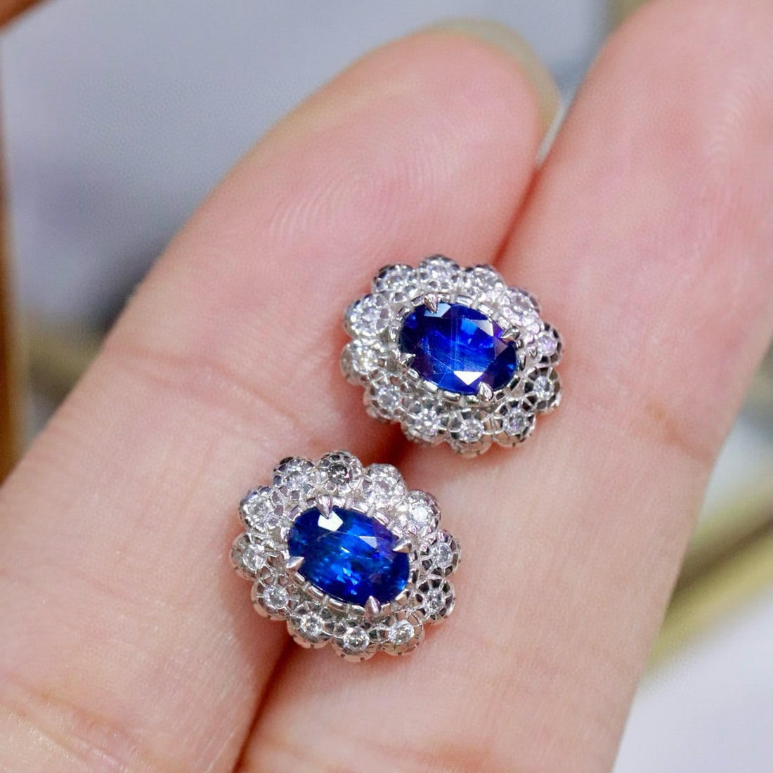 14k Gold 1.24 Ctw Natural Sapphire & Diamond Earrings - 4