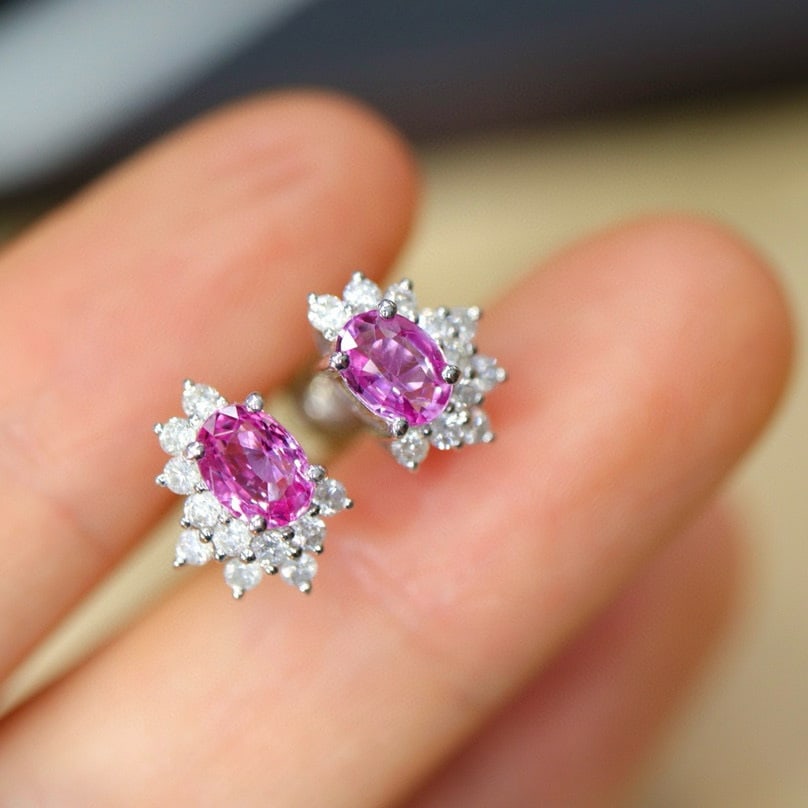 14k Gold 1.47 Ctw Natural Padparadscha Sapphire & Diamond Earrings - 4