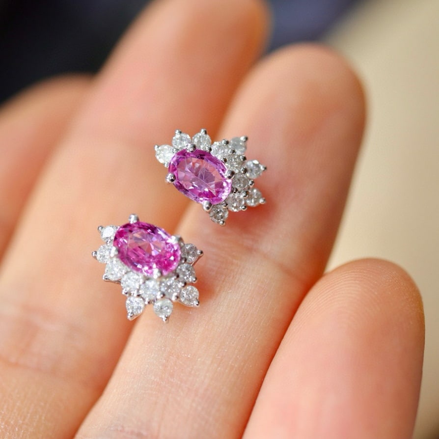 14k Gold 1.47 Ctw Natural Padparadscha Sapphire & Diamond Earrings - 6