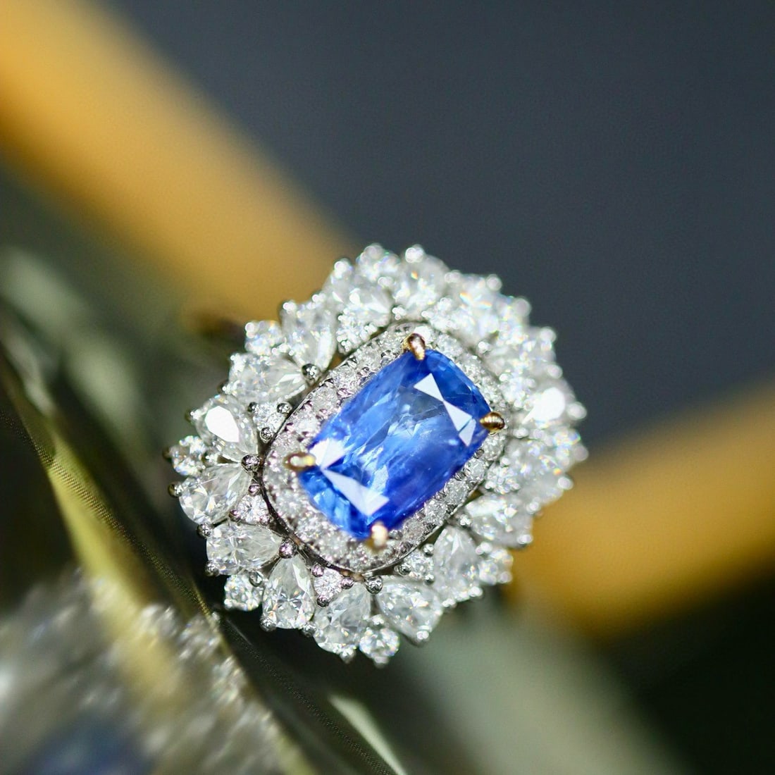 14k Gold 1.44 Ctw Natural Sapphire & Diamond Ring: Ref:231029188 // gold content:14k gold // ring size:7. 25us // // main gemstone:sapphire // shape:cushion // carat weight:1. 33ct // color:blue // treatment:natural // cut grade:g // // adjacent