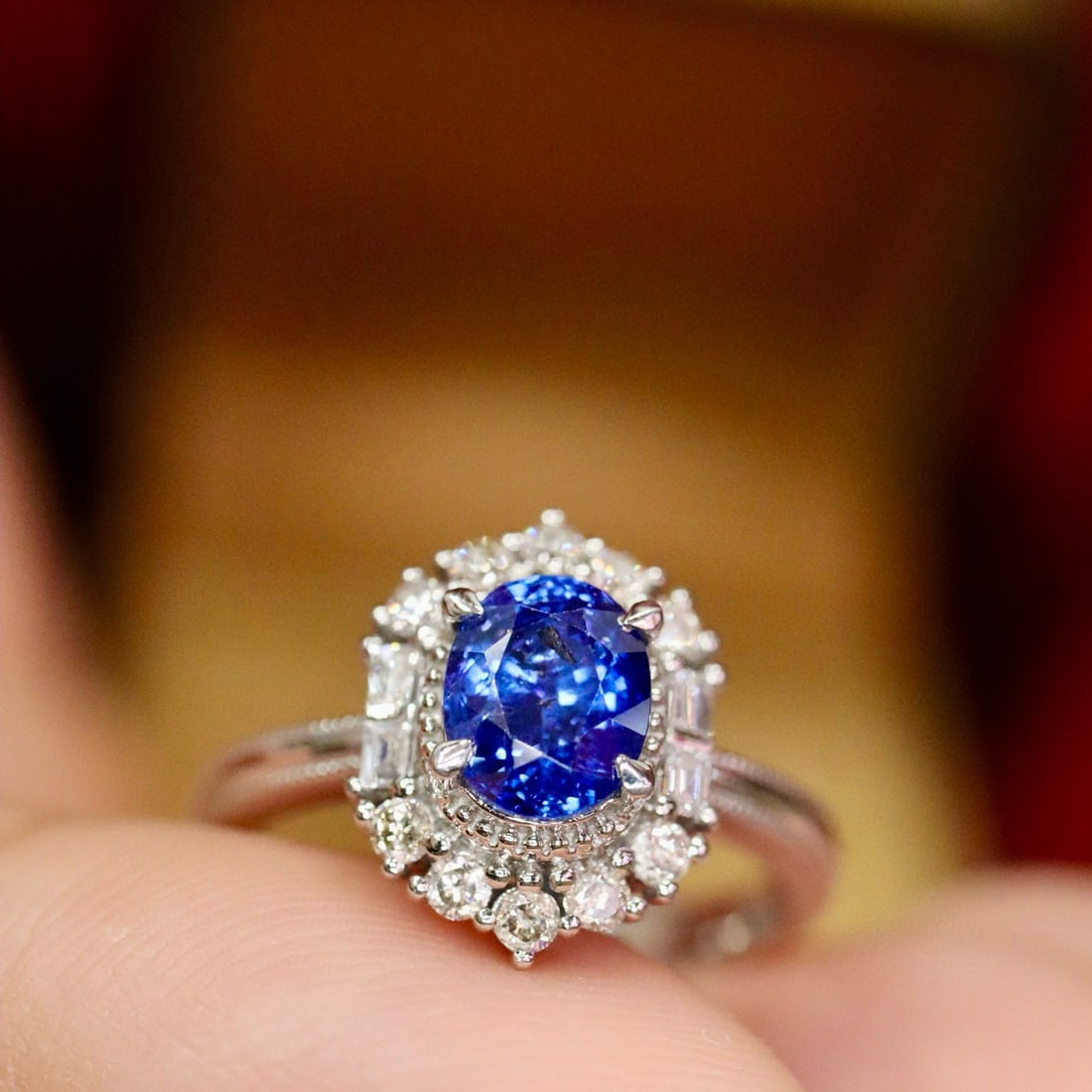 14k Gold 2.13 Ctw Natural Sapphire & Diamond Ring: Ref:231029207 // gold content:14k gold // ring size:7. 25us // // main gemstone:sapphire // shape:oval // carat weight:1. 75ct // color:blue // treatment:natural // cut grade:g // // adjacent