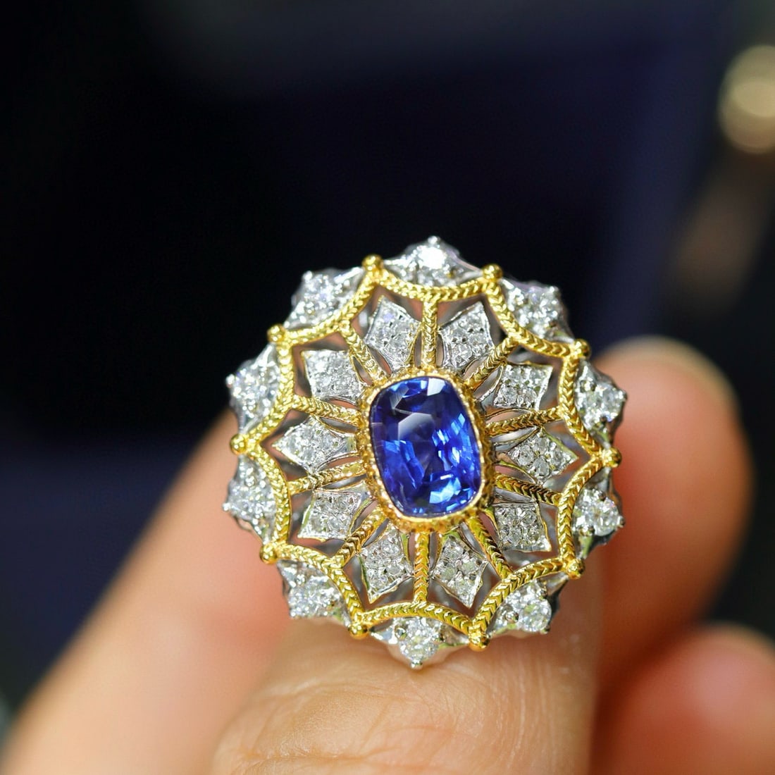 14k Gold 1.24 Ctw Natural Sapphire & Diamond Ring: Ref:231029214 // gold content:14k gold // ring size:7. 25us // // main gemstone:sapphire // shape:oval // carat weight:1. 06ct // color:blue // treatment:natural // cut grade:g // // adjacent