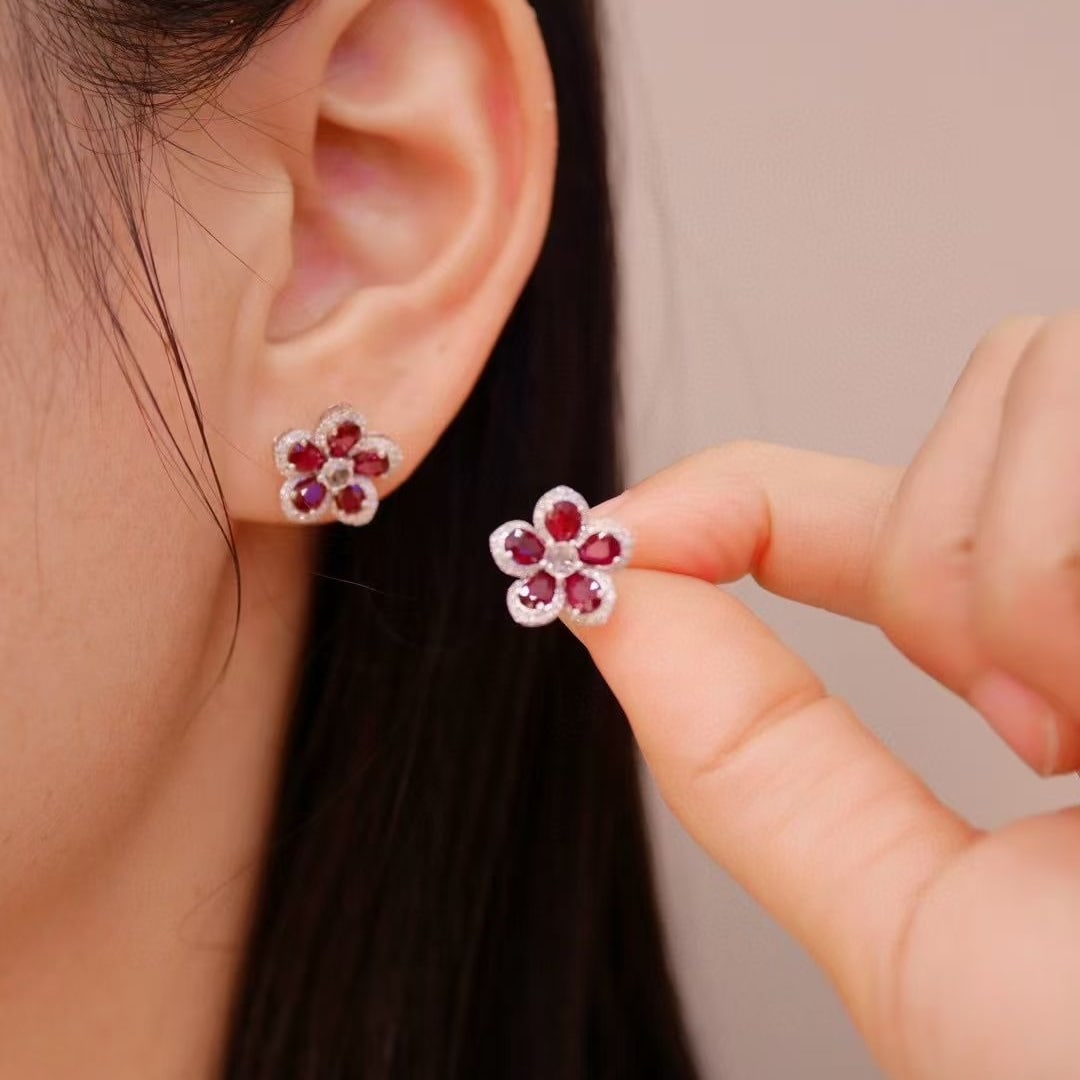 14k Gold 1.9 Ct Natural Ruby & Diamond Earrings - 4