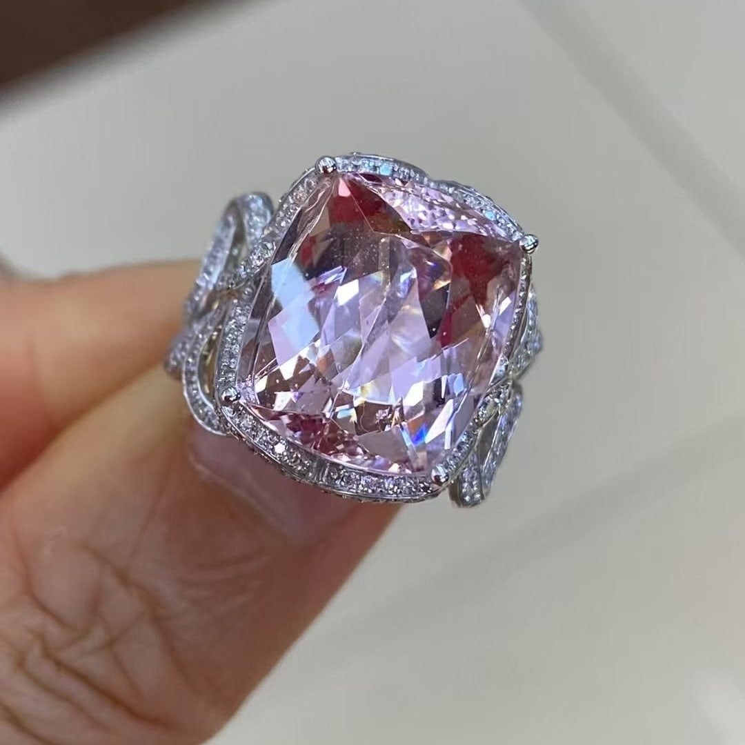 14k Gold 9.67 Ctw Natural Morganite & Diamond Ring: Ref:231029225 // gold content:14k gold // ring size:7. 25us // // main gemstone:morganite // shape:cushion // carat weight:8. 96ct // color:pink // treatment:natural // cut grade:g // // adjacent
