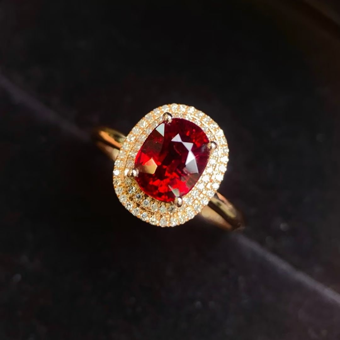 14k Gold 2.05 Ct Natural Tourmaline & Diamond Ring: Ref:231029226 // gold content:14k gold // ring size:7. 25us // // main gemstone:tourmaline // shape:oval // carat weight:2. 05ct // color:red // treatment:natural // cut grade:g // // adjacent