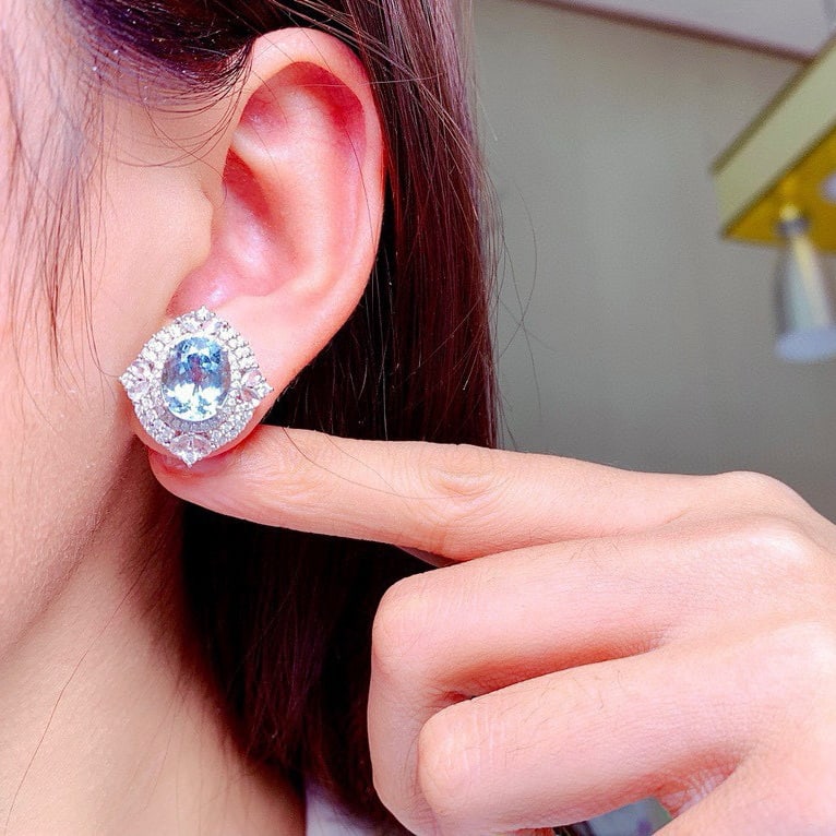 14k Gold 6.86 Ctw Natural Aquamarine & Diamond Earrings - 5