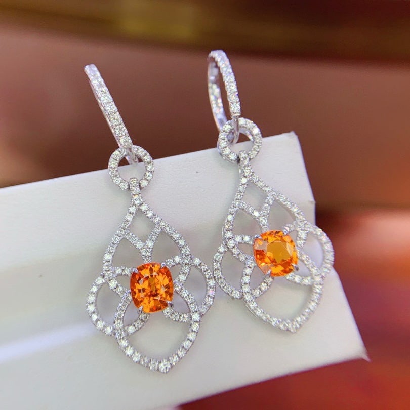 14k Gold 3.78 Ctw Natural Spessartine & Diamond Earrings - 4