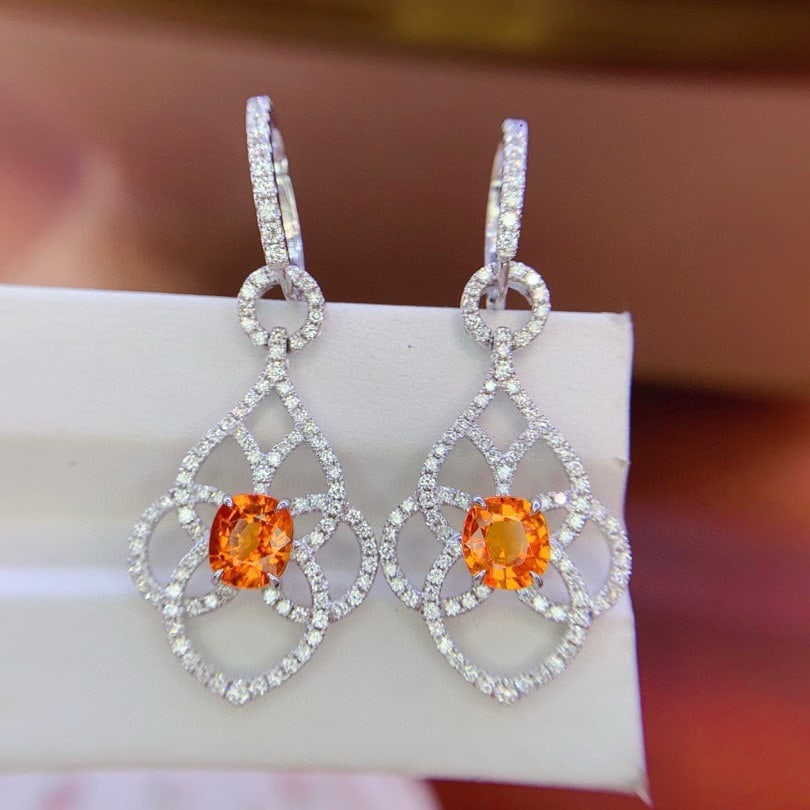14k Gold 3.78 Ctw Natural Spessartine & Diamond Earrings - 5
