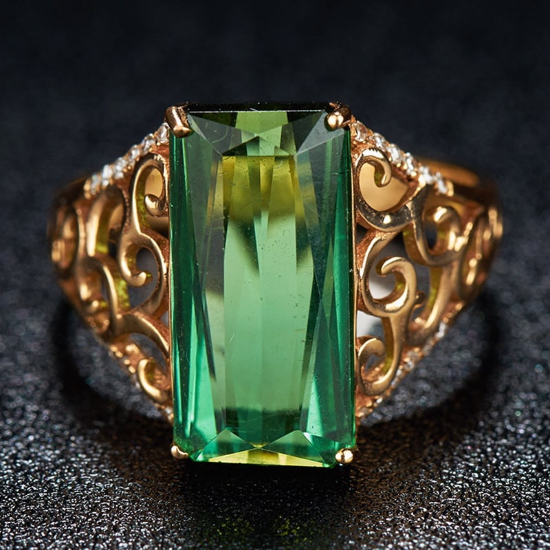 14k Gold 6 Ct Natural Tourmaline & Diamond Ring: Ref:231030004 // gold content:14k gold // ring size:7. 25us // // main gemstone:tourmaline // shape:octagonal // carat weight:6ct // color:green // treatment:natural // // adjacent gemstone 2 :