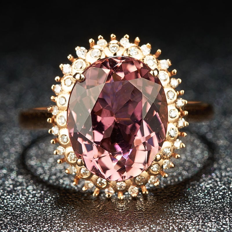 14k Gold 3.7 Ct Natural Tourmaline & Diamond Ring: Ref:231030005 // gold content:14k gold // ring size:7. 25us // // main gemstone:tourmaline // shape:oval // carat weight:3. 7ct // color:pink // treatment:natural // // adjacent gemstone 2 : diamond