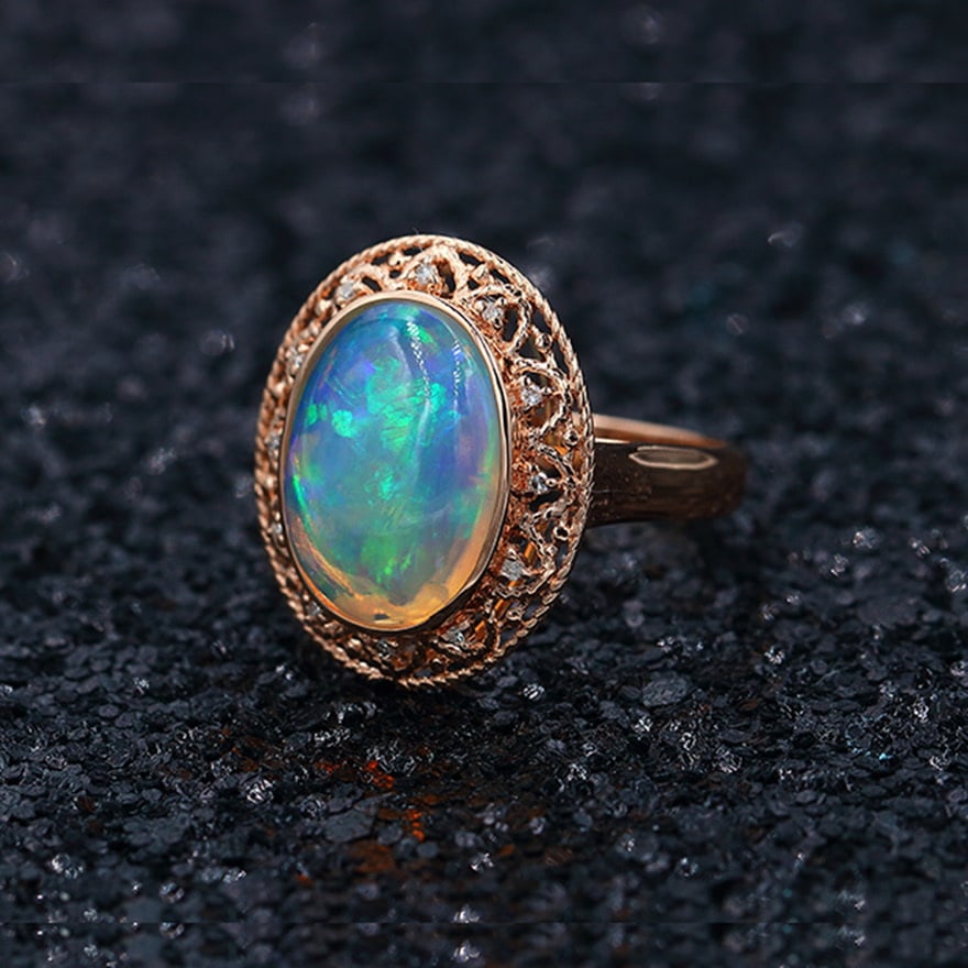14k Gold 5.21 Ctw Natural Opal & Diamond Ring - 2