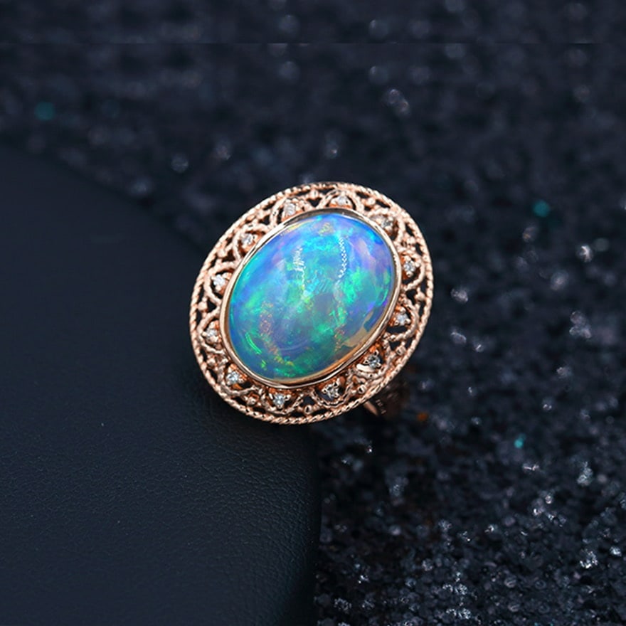 14k Gold 5.21 Ctw Natural Opal & Diamond Ring - 5
