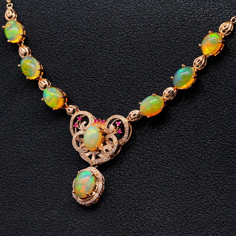 14k Gold 9.12 Ctw Natural Opal & Diamond Necklace - 2