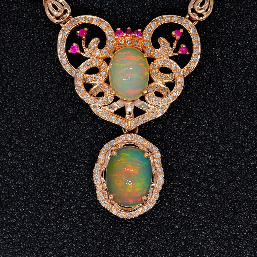 14k Gold 9.12 Ctw Natural Opal & Diamond Necklace - 3