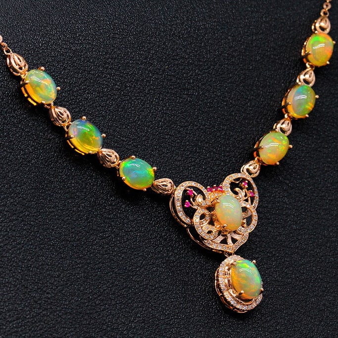 14k Gold 9.12 Ctw Natural Opal & Diamond Necklace - 4