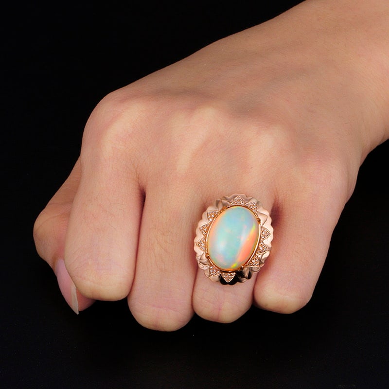 14k Gold 8.15 Ctw Natural Opal & Diamond Ring - 4