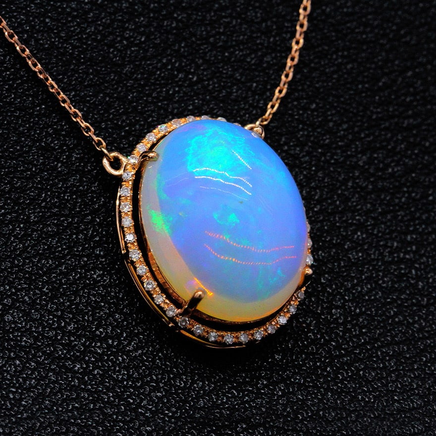 14k Gold 7.01 Ctw Natural Opal & Diamond Necklace - 3
