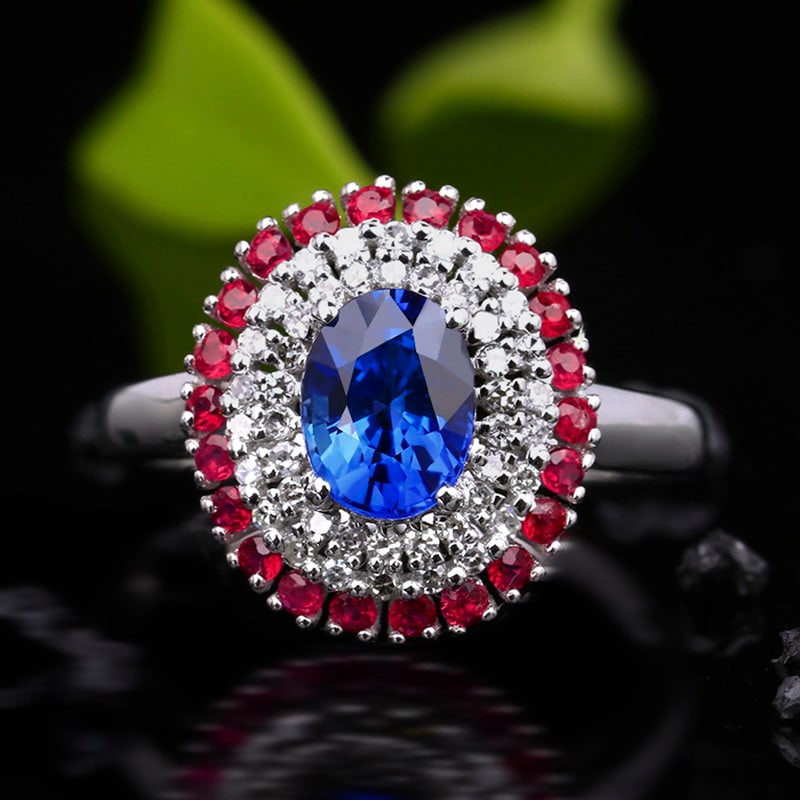 14k Gold 1.39 Ct Natural Sapphire & Diamond & Ruby Ring: Ref:231030015 // gold content:14k gold // ring size:7. 25us // // main gemstone:sapphire // shape:oval // carat weight:1. 39ct // color:blue // treatment:natural // // adjacent gemstone 2 : diamond