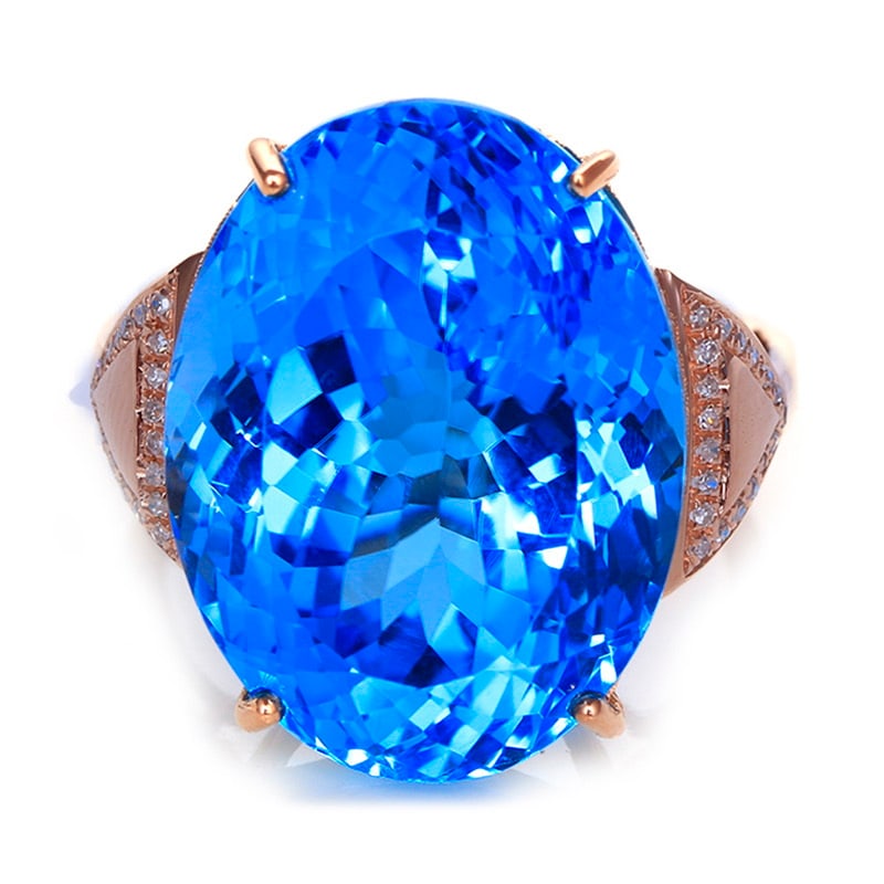 14k Gold 27.31 Ctw Natural Topaz & Diamond Ring: Ref:231030031 // gold content:14k gold // ring size:7. 25us // // main gemstone:topaz // shape:oval // carat weight:27. 2ct // color:blue // treatment:natural // // adjacent gemstone 2 : diamond // sh
