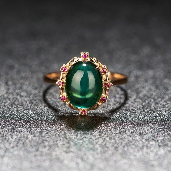 14k Gold 3.69 Ct Natural Tourmaline & Ruby Ring: Ref:231030036 // gold content:14k gold // ring size:7. 25us // // main gemstone:tourmaline // shape:oval // carat weight:3. 69ct // color:green // treatment:natural // // adjacent gemstone 2 : ruby
