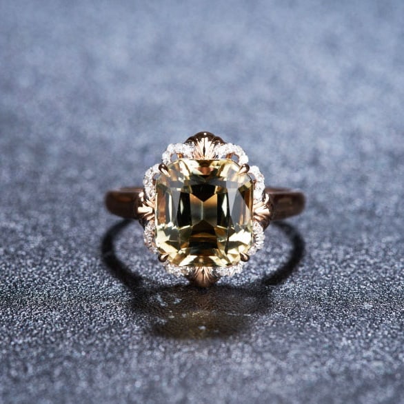 14k Gold 5.39 Ct Natural Tourmaline & Diamond Ring: Ref:231030039 // gold content:14k gold // ring size:7. 25us // // main gemstone:tourmaline // shape:octagonal // carat weight:5. 39ct // color:yellow // treatment:natural // // adjacent gemstone 2 : d