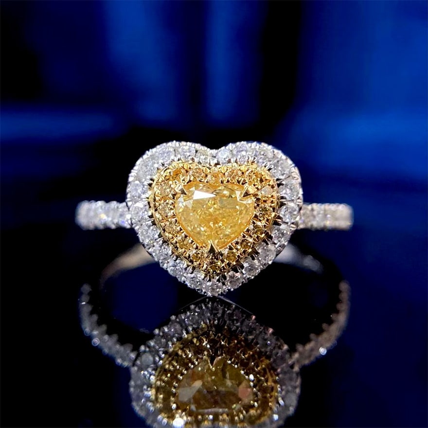 14k Gold 0.65 Ctw Natural Yellow Diamond & Diamond Ring: Ref:231030042 // gold content:14k gold // ring size:7. 25us // // main gemstone:yellow diamond // shape:heart // carat weight:0. 30ct // color:yellow // treatment:natural // // adjacent gemstone 2 :