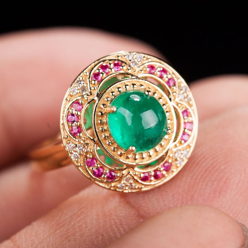 14k Gold 1.25 Ct Natural Emerald & Diamond & Ruby Ring - 2