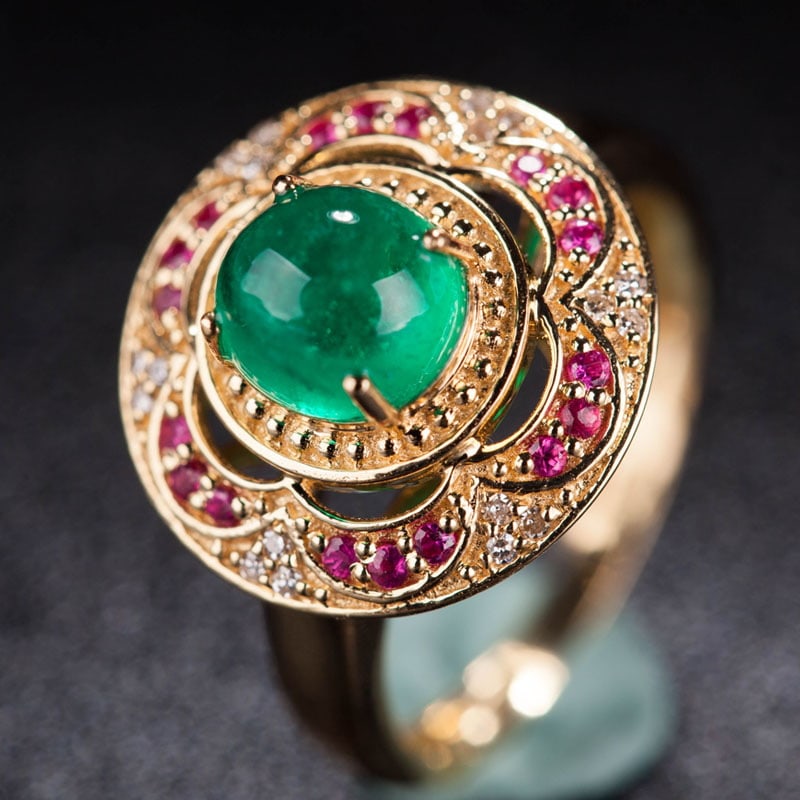 14k Gold 1.25 Ct Natural Emerald & Diamond & Ruby Ring - 3